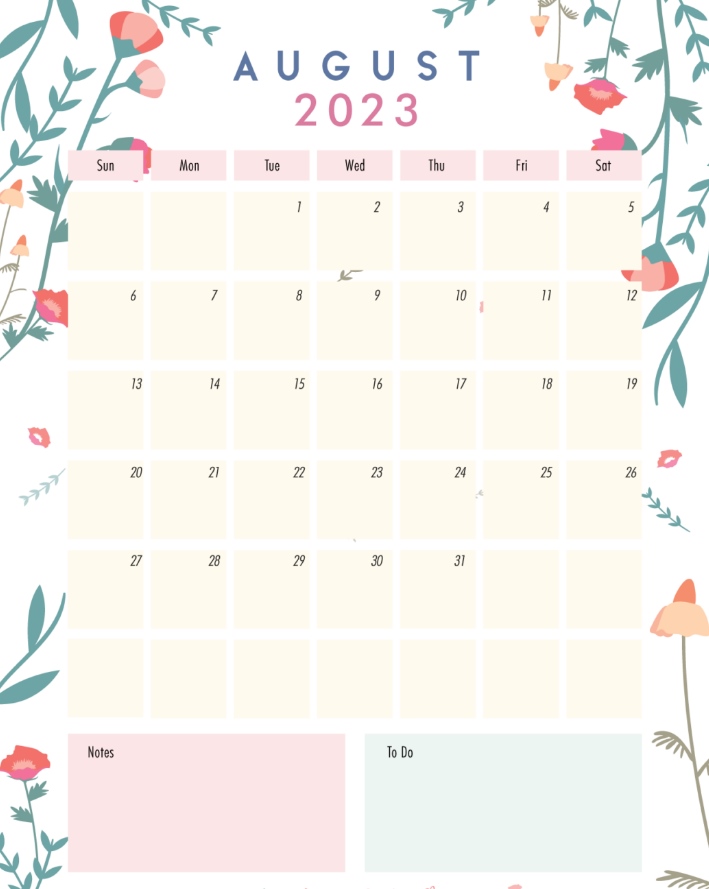 August Printable Calendar 2023