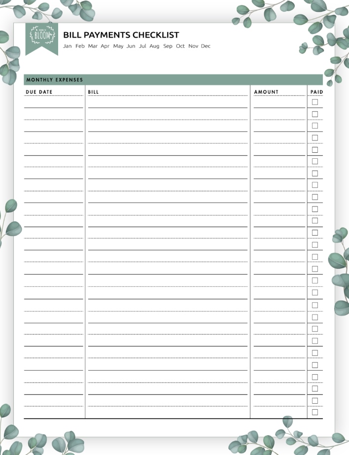Bill Paying Checklist Excel Template