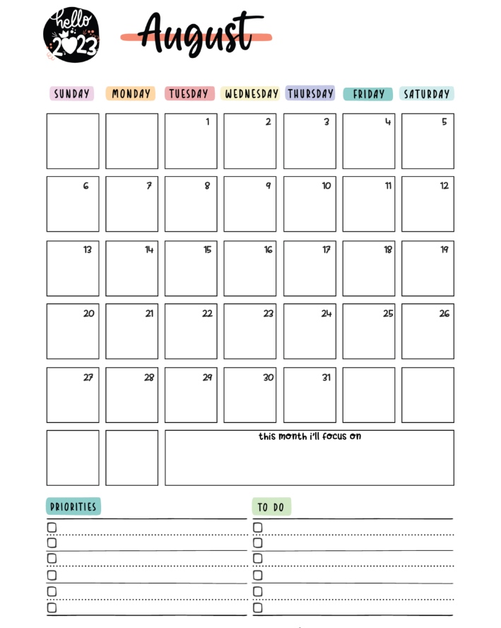 Free 2023 August Calendar