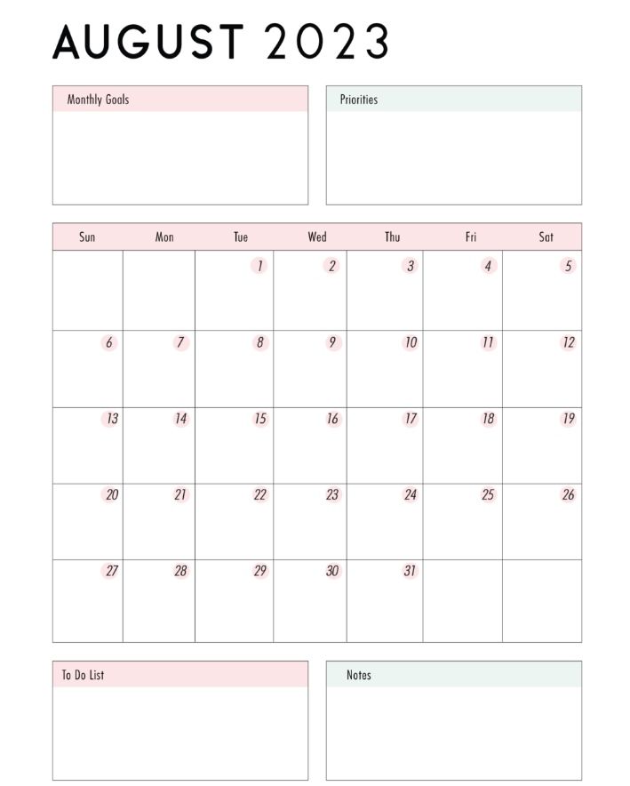 Free August 2023 Calendars