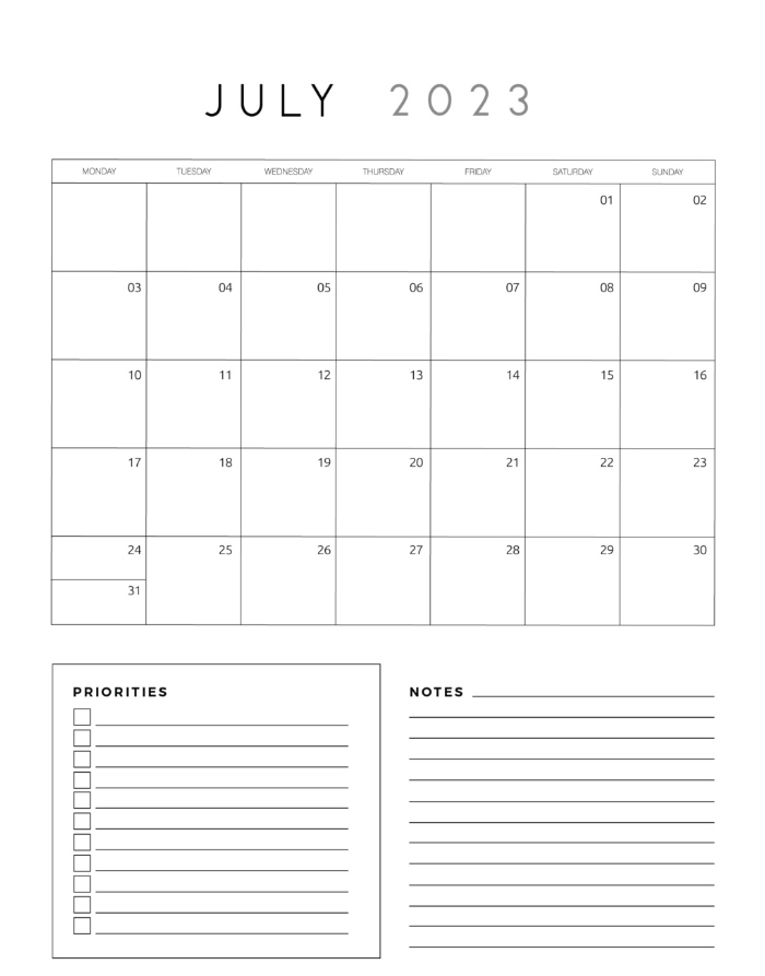 July 2023 Calendar Blan