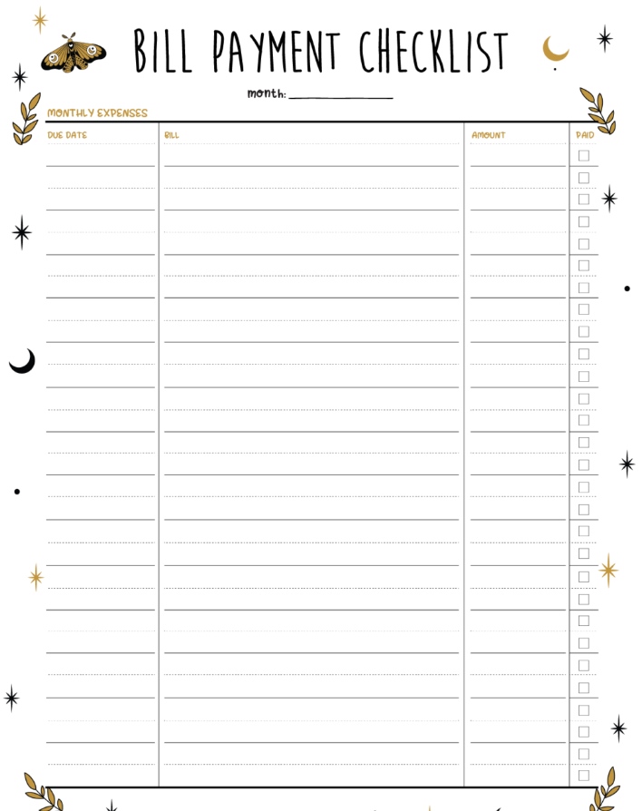 Monthly Bill Free Printable Bill Payment Checklist